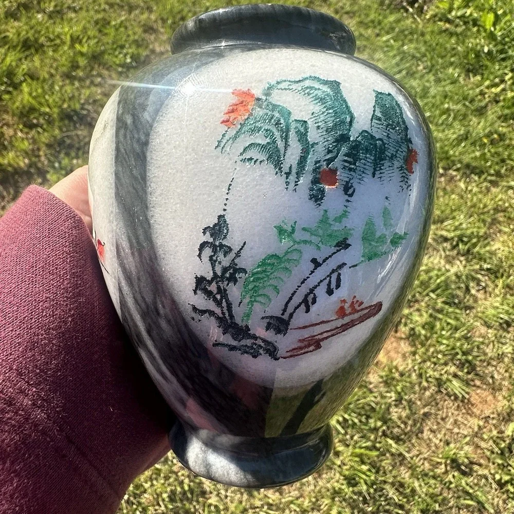 Vintage Chinese Marble Stone Carved Painted Landscape Crane Artwork Flowers Vase